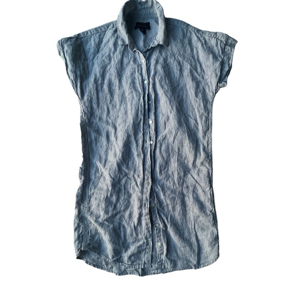 Tahiti 100% Linen Striped Blue Button Down Shirt Cuff Short Sleeve Dress S - Picture 1 of 7